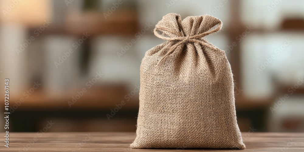 A handheld burlap sack represents savings investment and financial success on a wooden table A handheld burlap sack represents savings investment and financial success on a wooden table