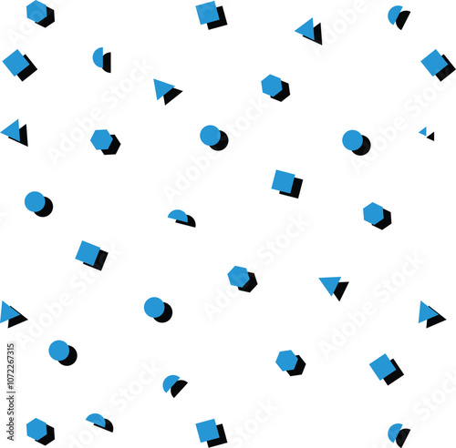 Seamless abstract pattern with blue shapes such as sqares, triangles, circles and half-circles with their shadows on white background