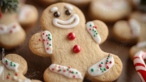 Close up of a gingerbread man cookie with icing and sprinkles, surrounded by other Christmas cookies and a candy cane.