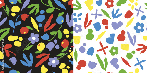 Set of two different seamless pattern with colorful contemporary groove design including plants, organic shapes and berries