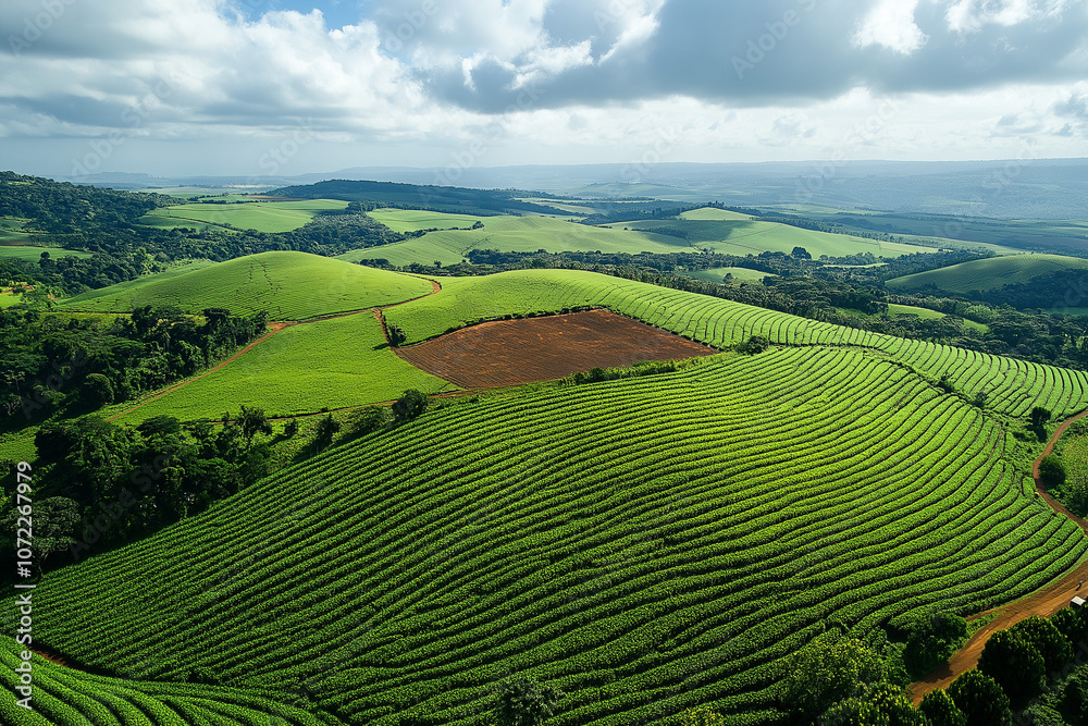 Fototapeta premium Aerial view of lush green agricultural fields