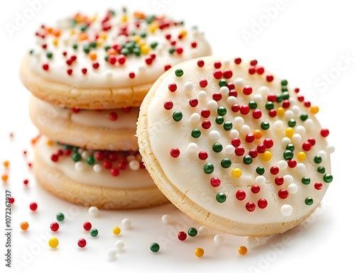 Round sugar cookies with red star icing details and colorful sprinkles stacked on a white background photo