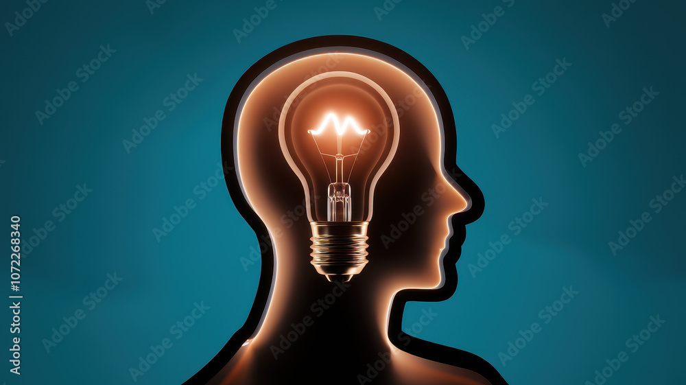 A creative representation of a human silhouette with a glowing light bulb in place of the brain, symbolizing innovative ideas and thoughts. A creative representation of a human silhouette with a glowing light bulb in place of the brain, symbolizing innovative ideas and thoughts.