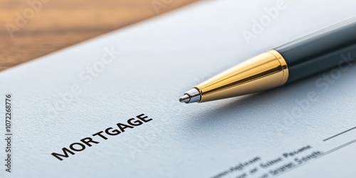 A pen sits on a mortgage document representing the home loan agreement process