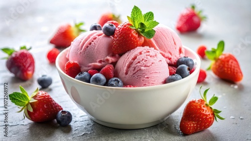 A bowl of pink ice cream topped with fresh berries and a sprig of mint, a delightful summer dessert.