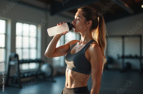 Young athletic woman drinking water in the gym
