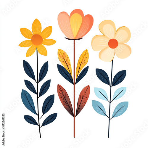 Colorful Botanical Illustration of Whimsical Flowers and Leaves on White Background