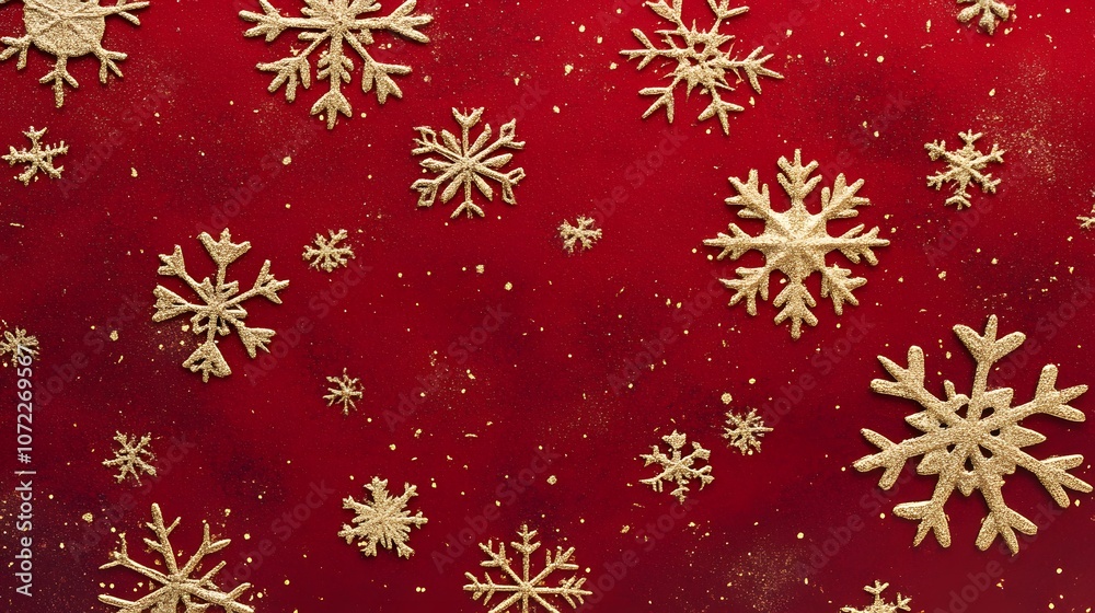 Elegant holiday-themed background with golden snowflakes cascading on a textured deep red surface, perfect for Christmas or winter decorations Elegant holiday-themed background with golden snowflakes cascading on a textured deep red surface, perfect for Christmas or winter decorations