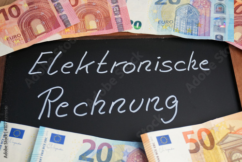 Tafel mit der Aufschrift elektronische Rechnung mit Euro Banknoten photo