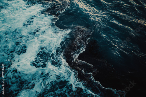 Landscape view of crude oil leaked in the ocean from cargo ship, Aerial view of oil leaked from oil rig harming to sea creature, Black petroleum oil spreading in the ocean.