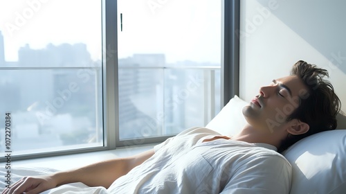 Young person resting on a sofa or couch near large windows in an urban apartment, capturing themes of relaxation, wellness and modern city living. photo