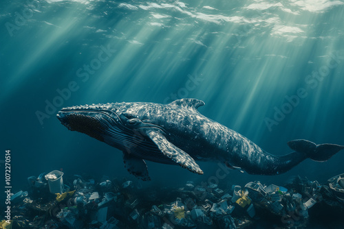 Selective focus whale in he ocean with plenty of garbage and trash, Contamination water pollution with micro plastic harming to sea creature, Aquatic animal endangered cause.