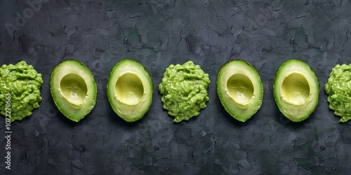 A dark background with a line of avocados and a pile of guacamole.