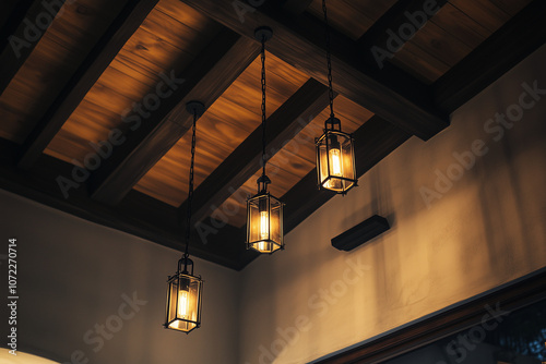 Selective focus lamp with light bulb on the ceiling in co working space office, Interior design of cafe decorate with cozy vibe lamp.
