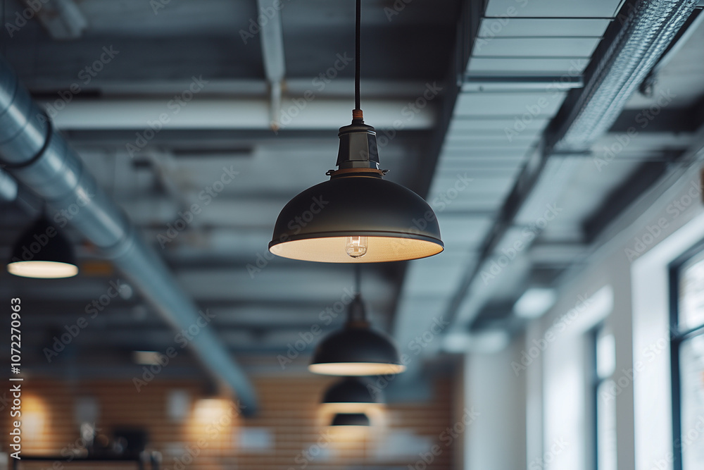 Obraz premium Selective focus lamp with light bulb on the ceiling in co working space office, Interior design of cage decorate with cozy vibe lamp.