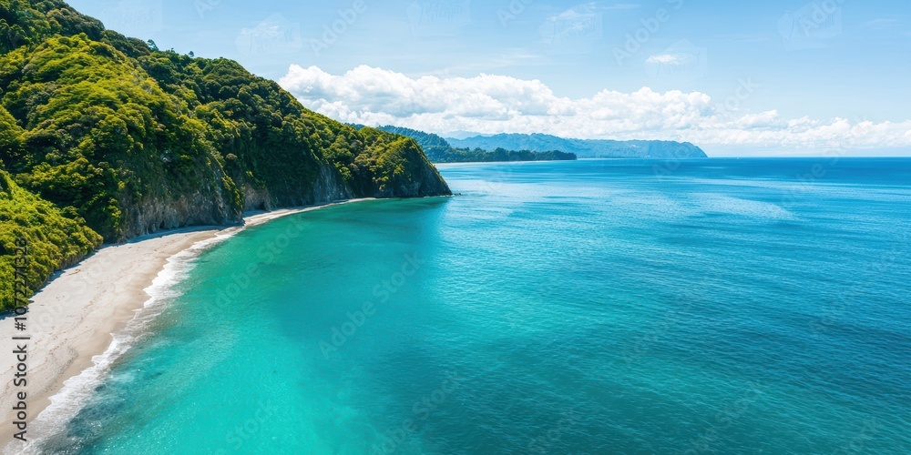 The breathtaking aerial view of a pristine coastline with turquoise waters and lush forests The breathtaking aerial view of a pristine coastline with turquoise waters and lush forests