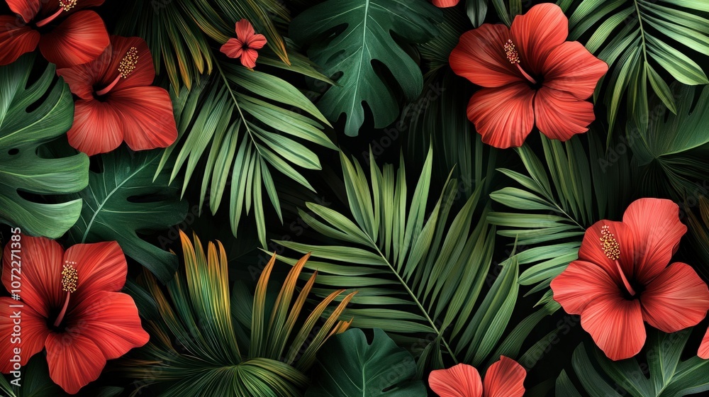 A tropical seamless wallpaper pattern with bold palm leaves and vibrant hibiscus flowers in rich greens and reds, perfect for creating a lively and exotic vibe in any room A tropical seamless wallpaper pattern with bold palm leaves and vibrant hibiscus flowers in rich greens and reds, perfect for creating a lively and exotic vibe in any room