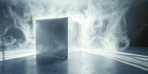 Dynamic orbital perspective of ethereal white smoke floating in a cube-shaped room, laser-cut corners, zen minimalism, panning rim lighting, geometric balance photo