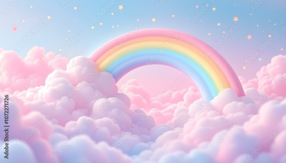 Fototapeta premium 3d rendered cartoon rainbow on the clouds. 3d 3D-rendered cartoon rainbow sky with stars and bubbles. Rainbow Seascape, a beautiful rainbow with white clouds in blue sky, cartoon-style