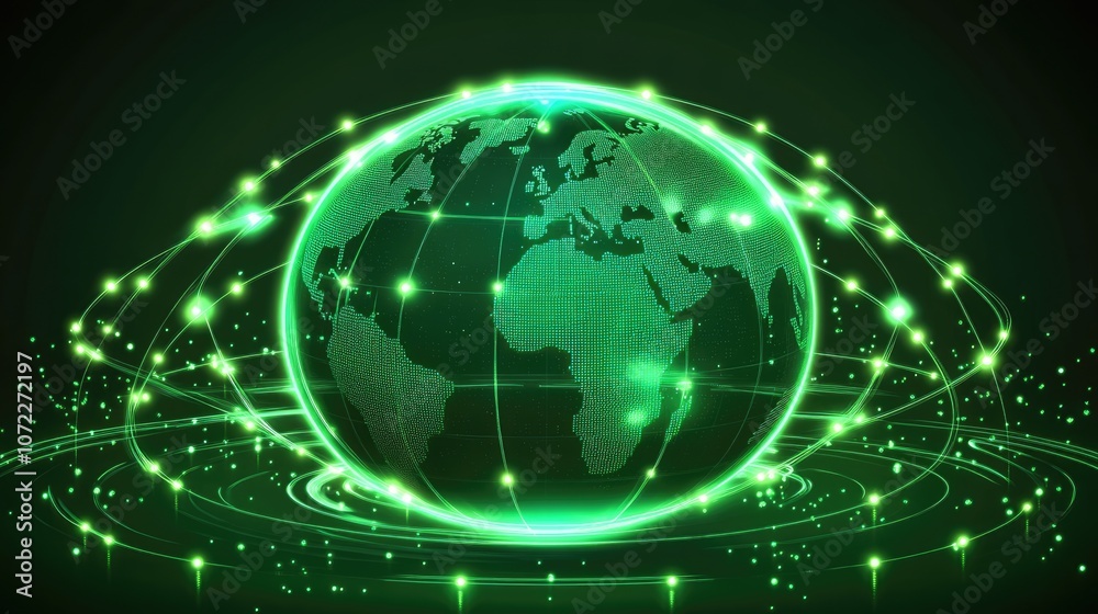 Globe with neon grid overlay, holographic style, connecting lights in green and cyan, dark backdrop, high-resolution illustration Globe with neon grid overlay, holographic style, connecting lights in green and cyan, dark backdrop, high-resolution illustration