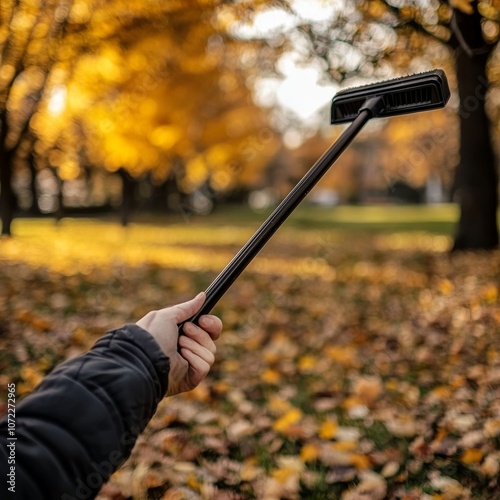 An orange forest surrounds a person raking autumn leaves in a park.