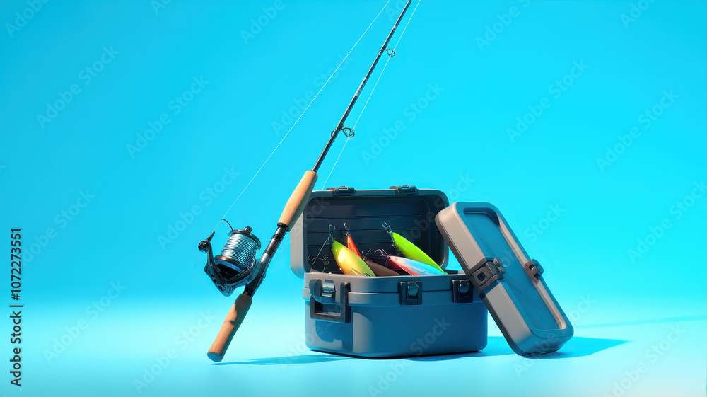 A fishing rod and tackle box are showcased against a vibrant blue background, evoking a sense of adventure and relaxation by the water. A fishing rod and tackle box are showcased against a vibrant blue background, evoking a sense of adventure and relaxation by the water.