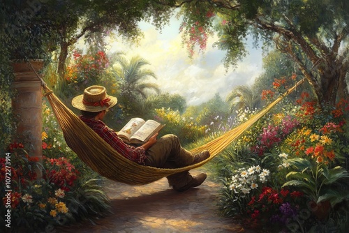 Relaxing in a Hammock with a Book in a Garden
