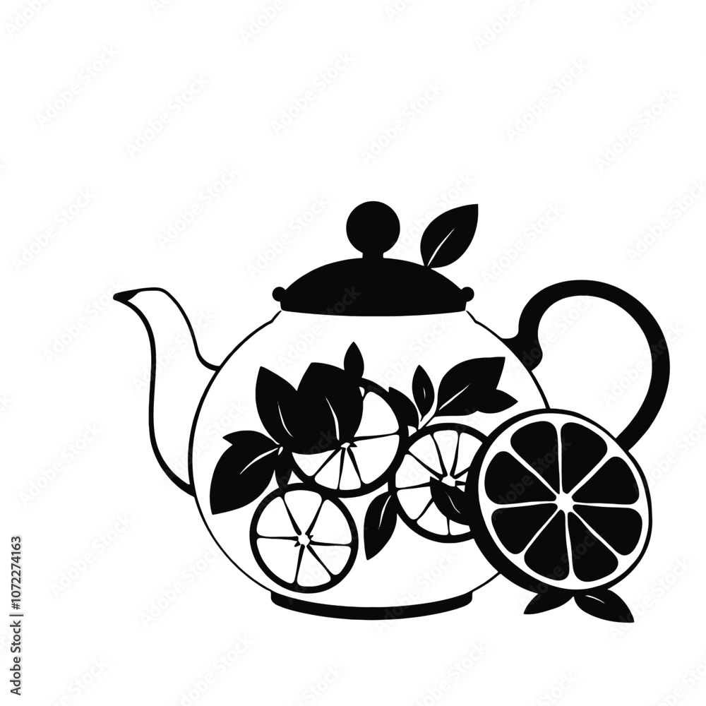Fototapeta premium a teapot with a black. The body of the tea pot is decorated with a design of lemon slices and mint leaves