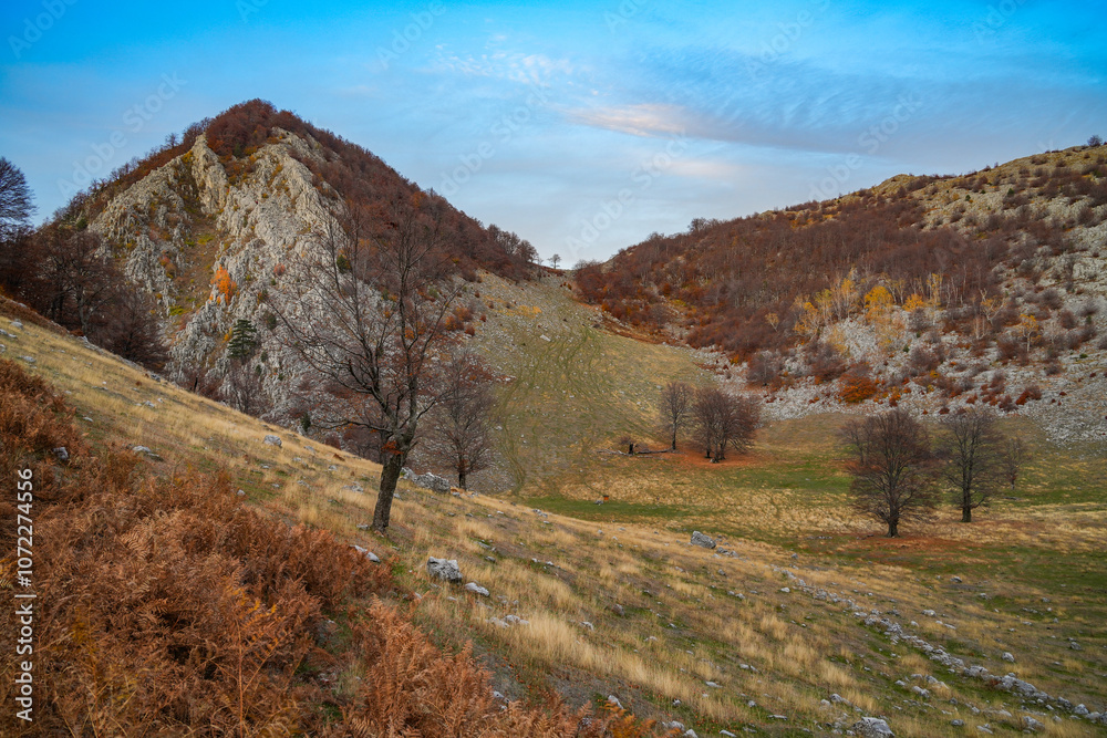 Fototapeta premium sunset autumn landscape in Mehedinti Mountains, Romania, Europe 