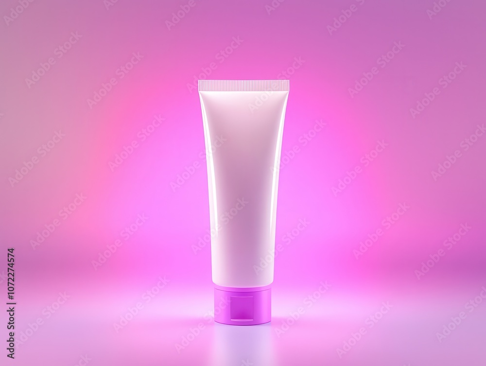 A sleek, pink cosmetic tube stands against a vibrant gradient background, showcasing its elegant design and inviting allure. A sleek, pink cosmetic tube stands against a vibrant gradient background, showcasing its elegant design and inviting allure.