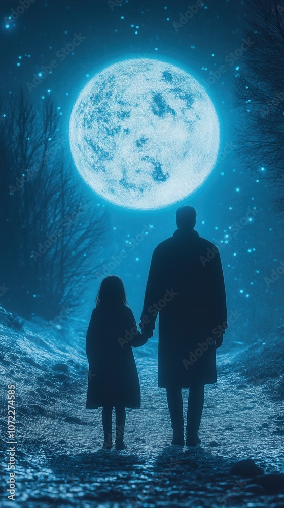 Obraz premium A silhouette of a parent and child holding hands under a bright full moon, evoking feelings of wonder and connection.
