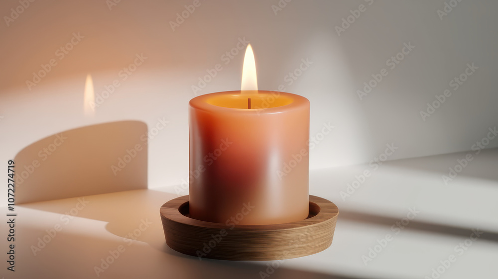 A glowing orange candle, elegantly placed in a wooden holder, casts soft shadows and warm light, creating a tranquil and cozy atmosphere.