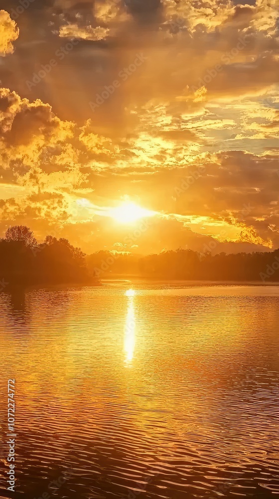 Fototapeta premium Serene Sunset Casting Golden Light Over Still Water