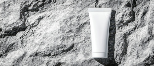 A minimalist white tube of cream rests on a textured, gray surface, suggesting skincare or beauty products in a modern aesthetic.