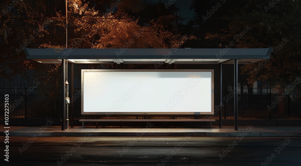 A blank billboard at a bus stop at night. A blank billboard at a bus stop at night.