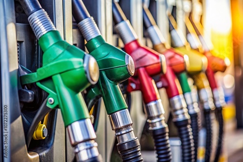 Macro Photography of Diesel and Blank Petrol Nozzles on a Modern Fuel Pump, Showcasing Detail and Texture with a Focus on Fuel Types and Their Distinct Features photo