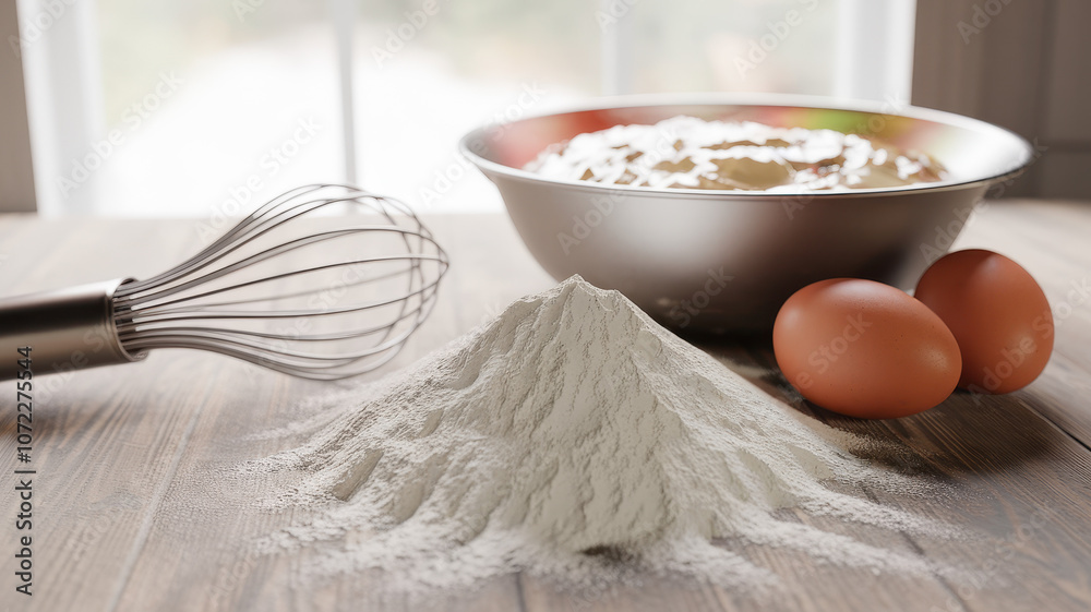 Ingredients for baking: flour, eggs, and a mixing bowl filled with batter, creating a warm and inviting kitchen atmosphere. Ingredients for baking: flour, eggs, and a mixing bowl filled with batter, creating a warm and inviting kitchen atmosphere.
