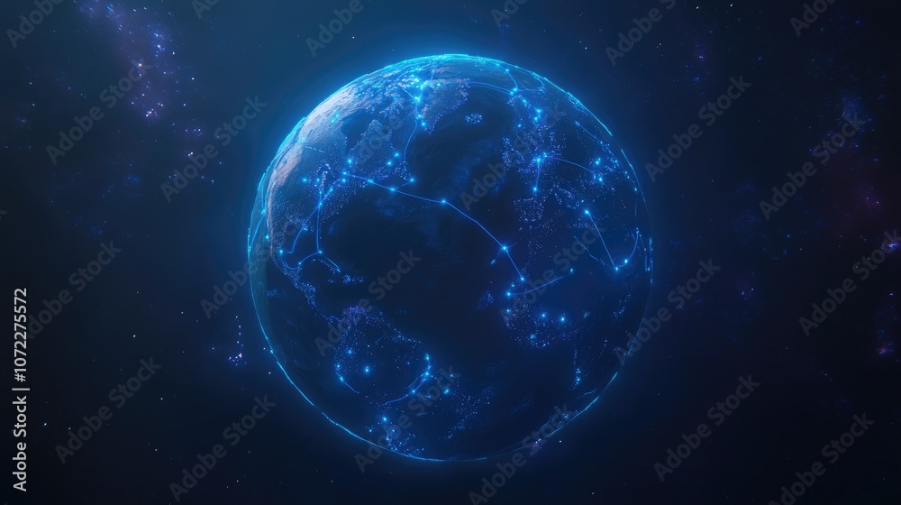 Networked planet with light nodes connecting continents, soft blue tones, neon light effects, stylized realism, aerial perspective Networked planet with light nodes connecting continents, soft blue tones, neon light effects, stylized realism, aerial perspective