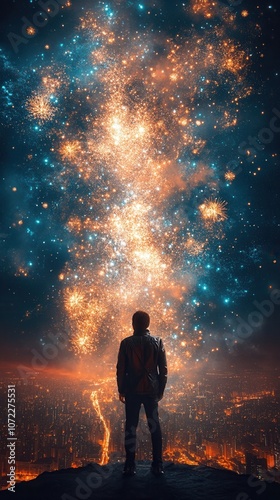 A solitary figure gazes at a vibrant cosmic display, illustrating the beauty of dreams and aspirations in the night sky.