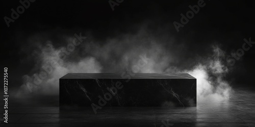 Frontal view of an empty dark marble table podium in the center of a dark, mist-filled room photo