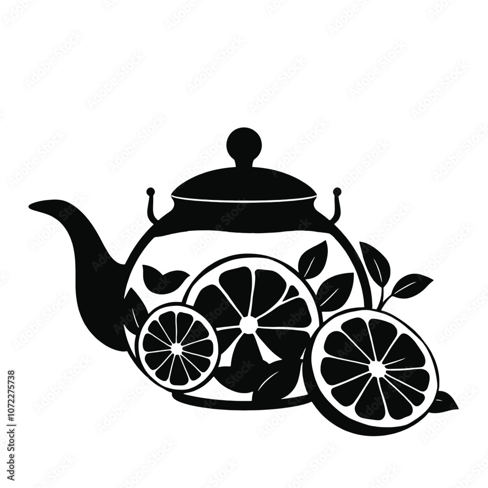 Fototapeta premium a teapot with a black. The body of the tea pot is decorated with a design of lemon slices and mint leaves