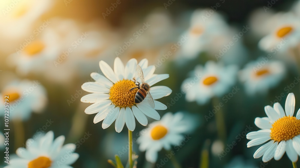 Fototapeta premium Honeybee collecting pollen from a daisy flower, soft glow of morning light, natural garden setting