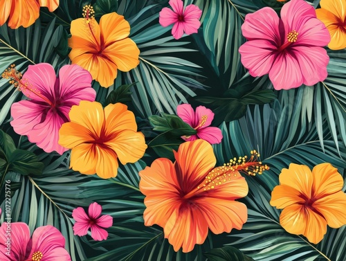 A tropical-themed seamless pattern background with palm leaves and hibiscus flowers in bright, bold colors, creating a vibrant design perfect for summer event decor, clothing, or beach accessories