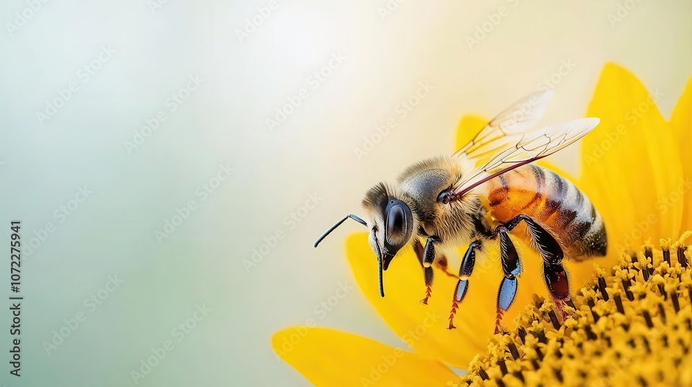 A closeup of a bee collecting nectar from a sunflower, soft natural light illuminating the petals A closeup of a bee collecting nectar from a sunflower, soft natural light illuminating the petals