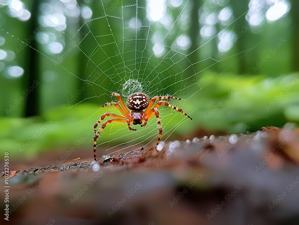 Spider spinning a web in a forest clearing, morning fog and dew droplets on the webs strands