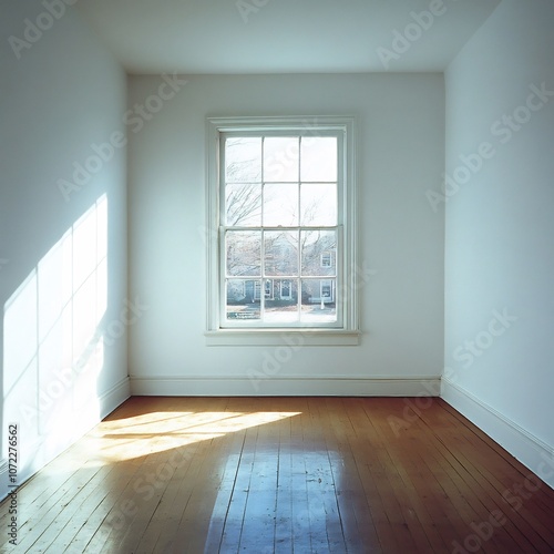Bright Minimalist Empty Room with Large Window and Hardwood Floors