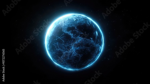 Transparent planet with radiating light beams, holographic effects, neural network-style lines, bright neon blue, sci-fi 