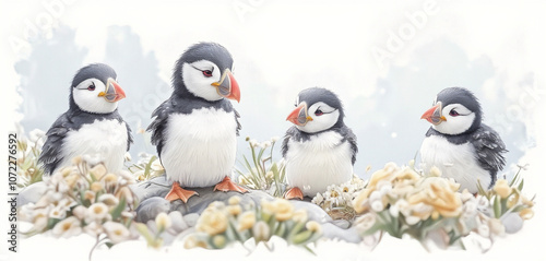 Watercolor puffins standing together on a rocky coastal setting photo