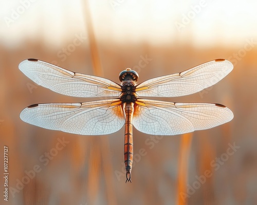 Closeup of a dragonfly s translucent wings, sparkling in the sunlight, with blurred reeds behind