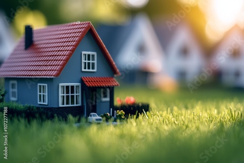 Miniature House with Green Grass and Warm Background